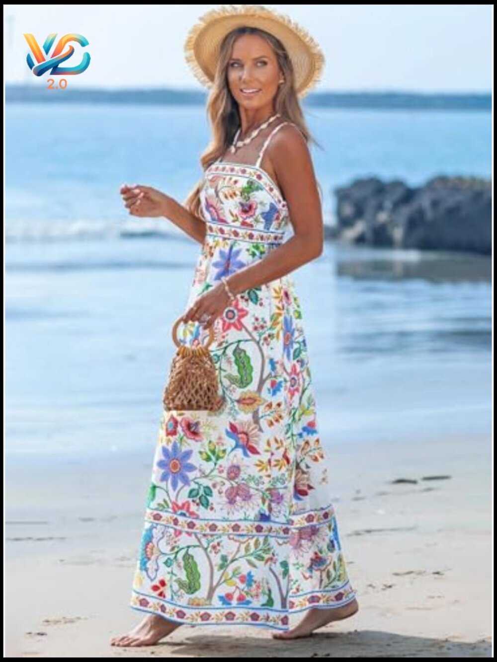 Women's Spaghetti Strap Maxi Dress Boho A-Line Flowy Sleeveless Sun Dress - Picture 2 of 7